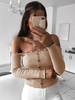 Tops T-shirts Courts Femmes en Mailles Moulantes avec Epaule Nues avec Manches Longues Unicolore