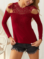 Tops T-shirts Courts Femmes Moulants à Col Rond Cousu avec Dentelles avec Manches Longues avec Epaules Nues Unicolore