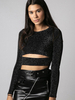 Tops T-shirts en Paillettes Femmes Courts avec Manches Longues à Col Rond Ouvert sur Devant Moulants Unicolore Sexy