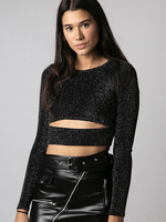Tops T-shirts en Paillettes Femmes Courts avec Manches Longues à Col Rond Ouvert sur Devant Moulants Unicolore Sexy