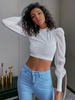 Tops T-shirts Femmes Courts à Col Rond avec Manches Longues Amples Transparents Unicolore