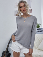 Tops T-shirts Femmes Courts à Col Rond avec Manches Longues en Mailles Unicolore