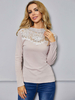 Tops T-shirts Femmes Courts Cousu en Dentelles à Col Montant avec Manches Longues Bicolores