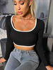 Tops T-shirts Femmes Courts Moulants Imprimés les Rayures avec Col Rond avec Manches Longues Bicolores Sexy