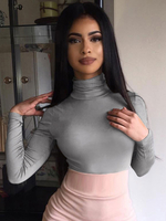 Tops T-shirts Femmes Courts Taille Haute à Col Montant avec Manches Longues Moulantes Unicolore Sexy