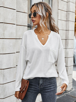 Tops T-shirts Femmes Décontractés Courts avec Manches Longues à Col V Unicolor avec Poche Tops T-shirts Femmes