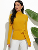 Tops T-shirts Moulants Côtelés Femmes à Col Montant avec Manches Longues Coupe Cintrée à Lacets Unicolore