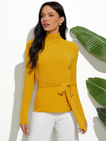 Tops T-shirts Moulants Côtelés Femmes à Col Montant avec Manches Longues Coupe Cintrée à Lacets Unicolore