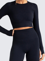 Tops Yoga Vêtements Yoga Femmes T-shrirt Taille Haute avec Manches Longues à Col Rond Elastique Unicolore Sexy Haut de Yoga