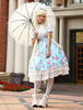 Toussaint Cospaly Costume en coton Lolita Robe bleu clair une pièce imprimée fleur manches courtes avec dentelle Déguisements Halloween