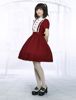 Toussaint Cospaly Costume en coton Lolita Robe rouge foncé monopièce robe manches courtes stand collier ceinture Déguisements Halloween