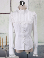 Toussaint Cospaly Costume Lolita blanc Blouse manches longues col Stand en coton avec dentelle Déguisements Halloween