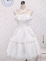Toussaint Cospaly Costume Lolita douce Jupe blanche garniture Lace Up volants en coton avec dentelle Déguisements Halloween