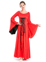 Toussaint Cosplay Costume Robe rouge médiévale manches trompette et front lacé Halloween