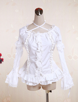 Toussaint Cosplay Lolita Blouse blanche longue en coton Hime manches cou bretelles dentelle Ruffles garniture Déguisements Halloween