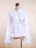 Toussaint Cosplay Lolita Blouse blanche manches longues en coton avec dentelle Lace Trim boucles Déguisements Halloween