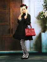 Toussaint Cosplay Lolita Robe noire une pièce en coton manches longues volants Trim Déguisements Halloween