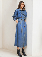 Trench Femme Qualité Denim Col Rabattu Ceinture Manches Longues