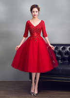 Tulle Prom robe Bourgogne perles fleur Graduation robe V Neck A ligne Half Sleeve thé longueur robe Party