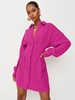 Tunique Robe de Chemisier Courte à Col Revers avec Manches Longues Coupe Cintrée Unicolore