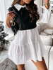 Tunique Robe de Chemisier Courte Femme à Col Revers avec Manches Longues Bas Evasée Bicolores