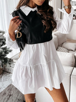 Tunique Robe de Chemisier Courte Femme à Col Revers avec Manches Longues Bas Evasée Bicolores