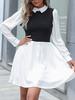 Tunique Robe de Chemisier Courte Femme à Col Revers avec Manches Longues Coupe Cintrée Bas Evasée Bicolores