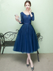 Une ligne thé longueur robe à manches court Prom robe V Neck Lace Applique Tulle robe de Cocktail 3/4