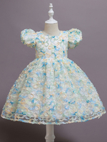 Vert menthe robes de demoiselle dhonneur col bijou coton mélangé manches courtes princesse Silhouette genou longueur enfants robes de soirée