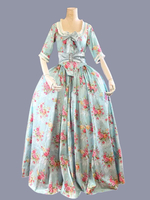Vert rétro Costumes femmes imprimé fleuri volants nœuds Polyester tunique robe Marie Antoinette Costume rétro fête robe de bal