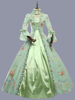 Vert rétro Costumes volants Polyester imprimé fleuri robe Marie Antoinette Costume femmes rétro tunique fête robe de bal