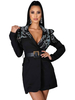 Veste Blazer à Col Revers avec Manches Longues Coupe Cintrée Ceinturé Imprimé Bicolores Fermeture avec Boutons Bas Evasée Unicolore