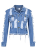 Veste Blazer en Jean Déchiré Courte Femme avec Manches Longues à Col Revers avec Poches Bicolores