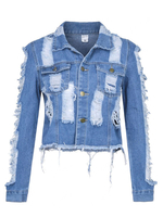 Veste Blazer en Jean Déchiré Courte Femme avec Manches Longues à Col Revers avec Poches Bicolores