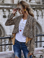 Veste Blazer Femme Court Imprimé Léopard à Col Revers avec Manches Longues Cousu Bicolores