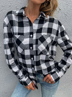 Veste Blouse Chemisier Imprimé Carreaux Femme avec Manches Longues à Col Revers Coupe Cintrée avec Boutons avec Poches Bicolores