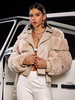 Veste Courte En Fausse Fourrure Champagne Manches Longues Fermeture Éclair Hiver