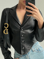 Veste Courte Femme en Cuir Synthétique à Col Revers avec Manches Longues avec Boutons Unicolore