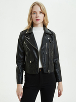Veste Courte Femme en Cuir Synthétique avec Manches Longues à Col Revers à Zip Unicolore