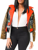 Veste courte femme noir col rabattu manches longues Rivets imprimé animal vestes de moto