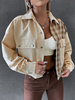 Veste Courte Femme Taille Haute avec Manches Longues à Col Revers avec Boutons Bicolores