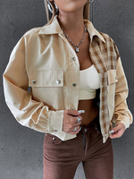 Veste Courte Femme Taille Haute avec Manches Longues à Col Revers avec Boutons Bicolores