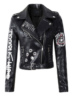 Veste Cuir Femme Imprimé Courte Verni avec Manches Longues à Col Revers à Zip avec Poches Bicolores Veste Simili Cuir Femme