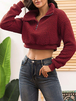 Veste dhiver femme bordeaux col rond manches longues Crop Top