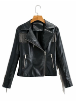 Veste de Moto Courte en Cuir Synthétique Femme à Col Revers avec Manches Longues à Zip avec Poches Unicolore Veste Femme