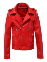 Veste de Moto Courte en Cuir Synthétique Femme Sexy à Col Revers avec Manches Longues Coupe Cintrée à Zip avec Poches Unicolore