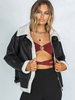 Veste de Moto Cuir Synthétique Cousu Fausse Fourrure Femme Courte à Col Revers avec Manches Longues à Zip Unicolore