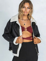 Veste de Moto Cuir Synthétique Cousu Fausse Fourrure Femme Courte à Col Revers avec Manches Longues à Zip Unicolore