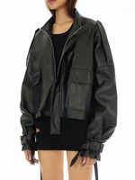 Veste de Moto Cuir Synthétique Femme Courte à Col Revers avec Manches Longues à Zip Unicolore
