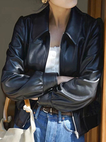 Veste de Moto Cuir Synthétique Femme Courte à Col Revers avec Manches Longues à Zip Unicolore